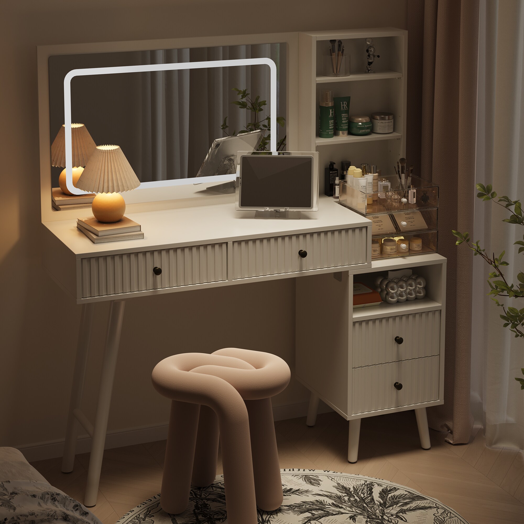 Fluted Vanity Desk With LED Lighted Mirror, Makeup Table With Drawers, 3 Lighting Colors Touch Control, For Bedroom, White_voghion.com